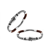 Sterling Silver Brown Leather Braided Chain Bracelet With Push Clasp